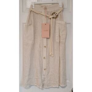 Scandal Italy Pull On Linen Button Down Skirt One Size Beige NEW $148
